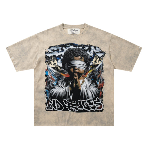 BKYS Praying Angel Rhinestone Khaki Oversized Graphic T-Shirt
